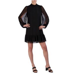 BCBG Paris Sheered Long Sleeve Dress Womens Size XXL Black Metallic Ruffle MIni